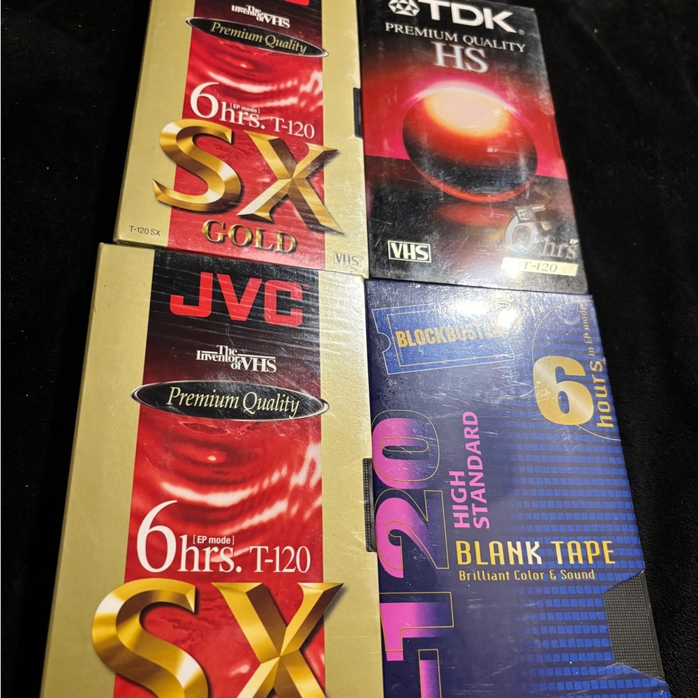 TDK and JVC & Vintage Blockbuster VHS Tapes Gold and Black. Blank Factory seal